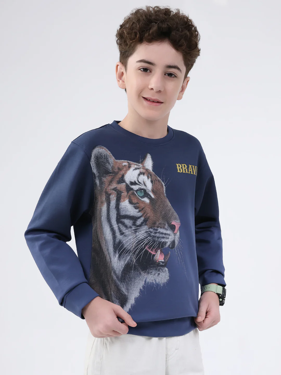 Boys Navy Blue Printed Round Neck Full Sleeve Sweatshirt - Image 4