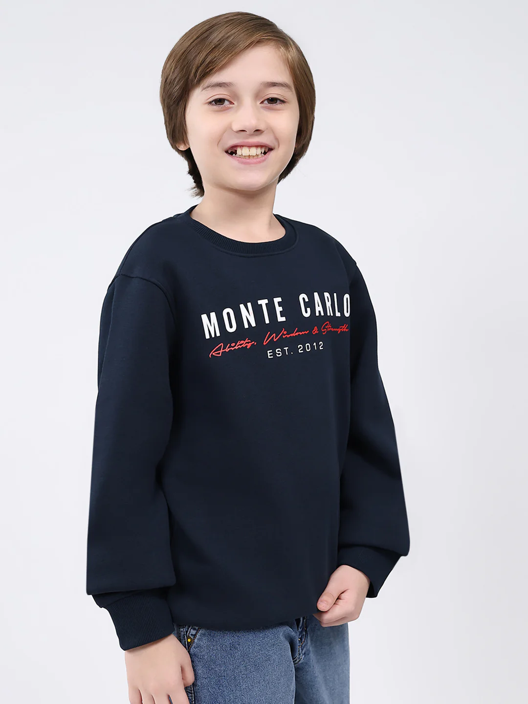 Boys Navy Blue Printed Round Neck Full Sleeve Sweatshirt - Image 4