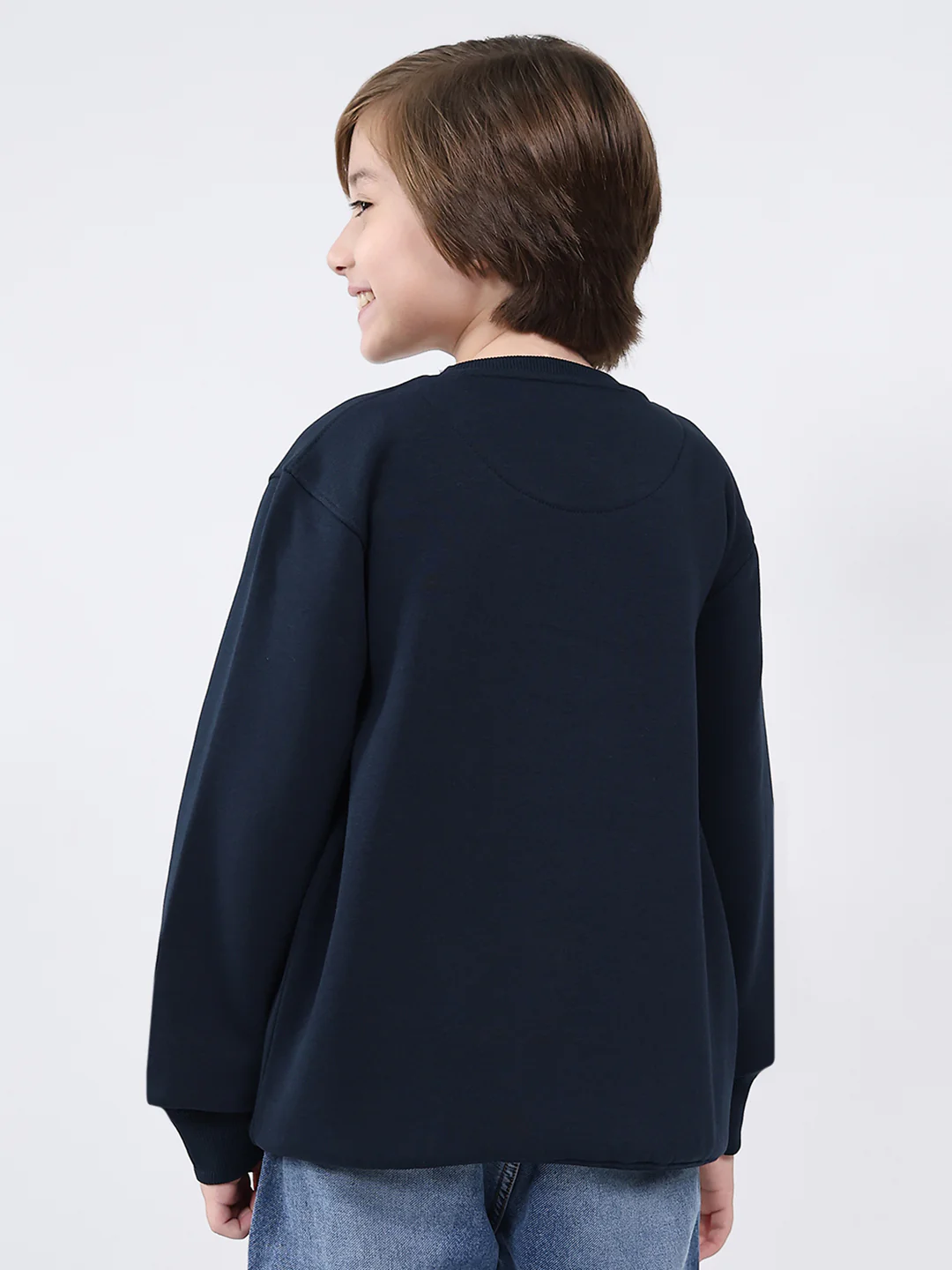 Boys Navy Blue Printed Round Neck Full Sleeve Sweatshirt - Image 5