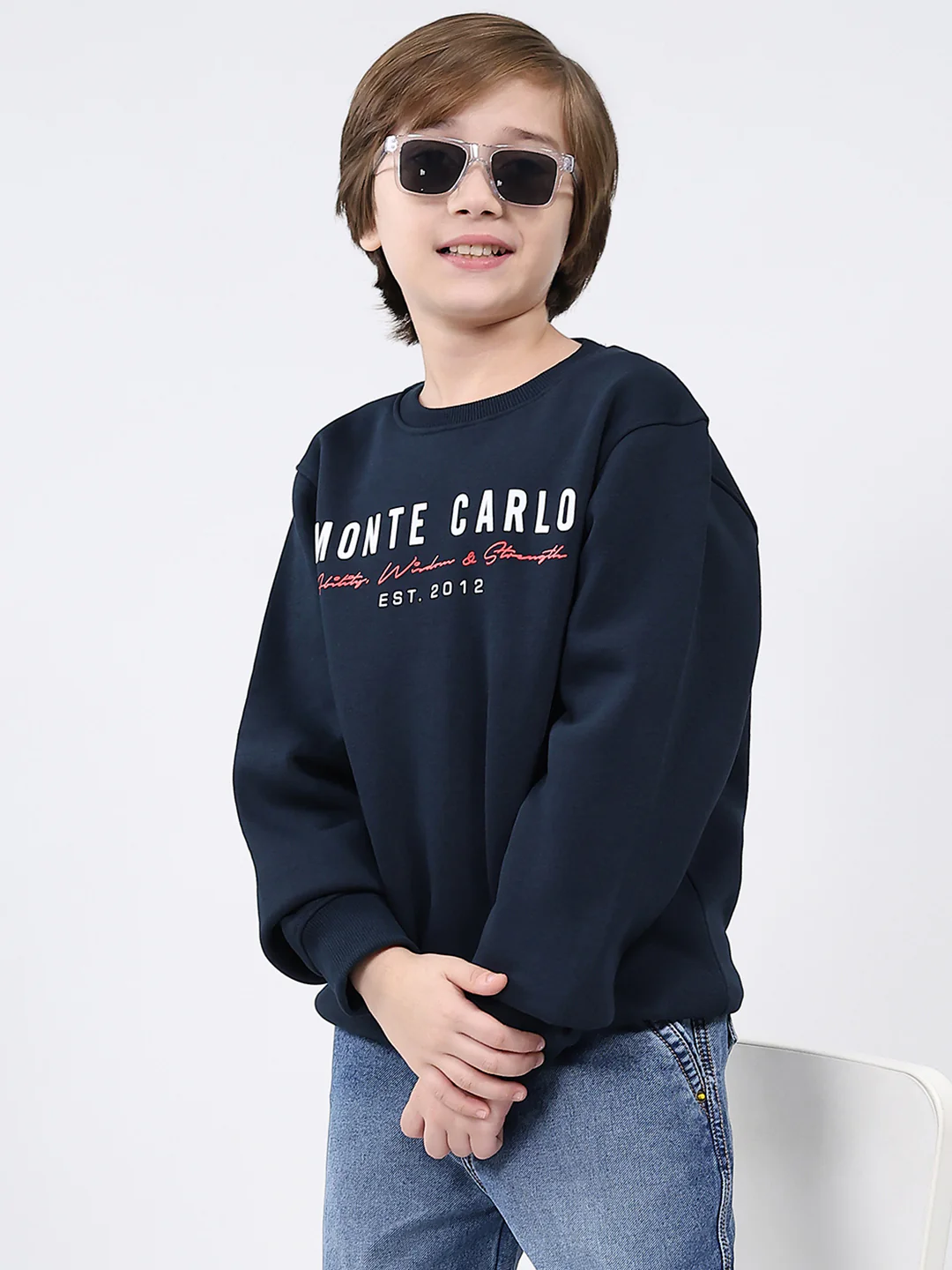 Boys Navy Blue Printed Round Neck Full Sleeve Sweatshirt - Image 6