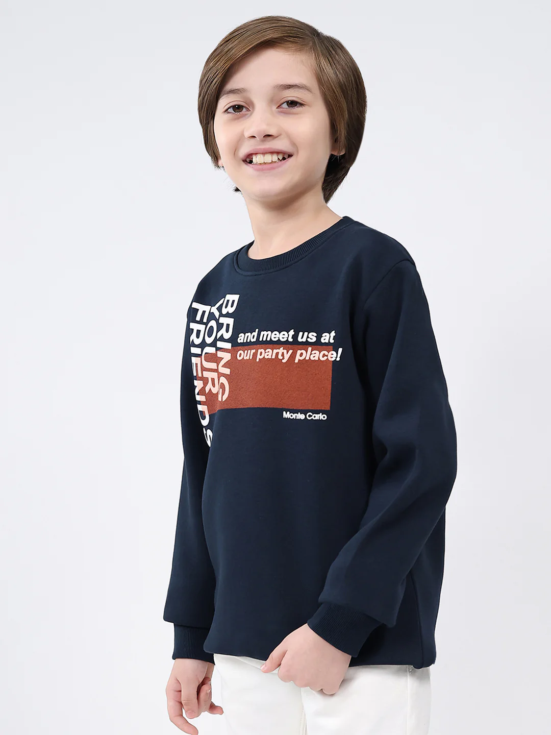 Boys Navy Blue Printed Round Neck Full Sleeve Sweatshirt - Image 3