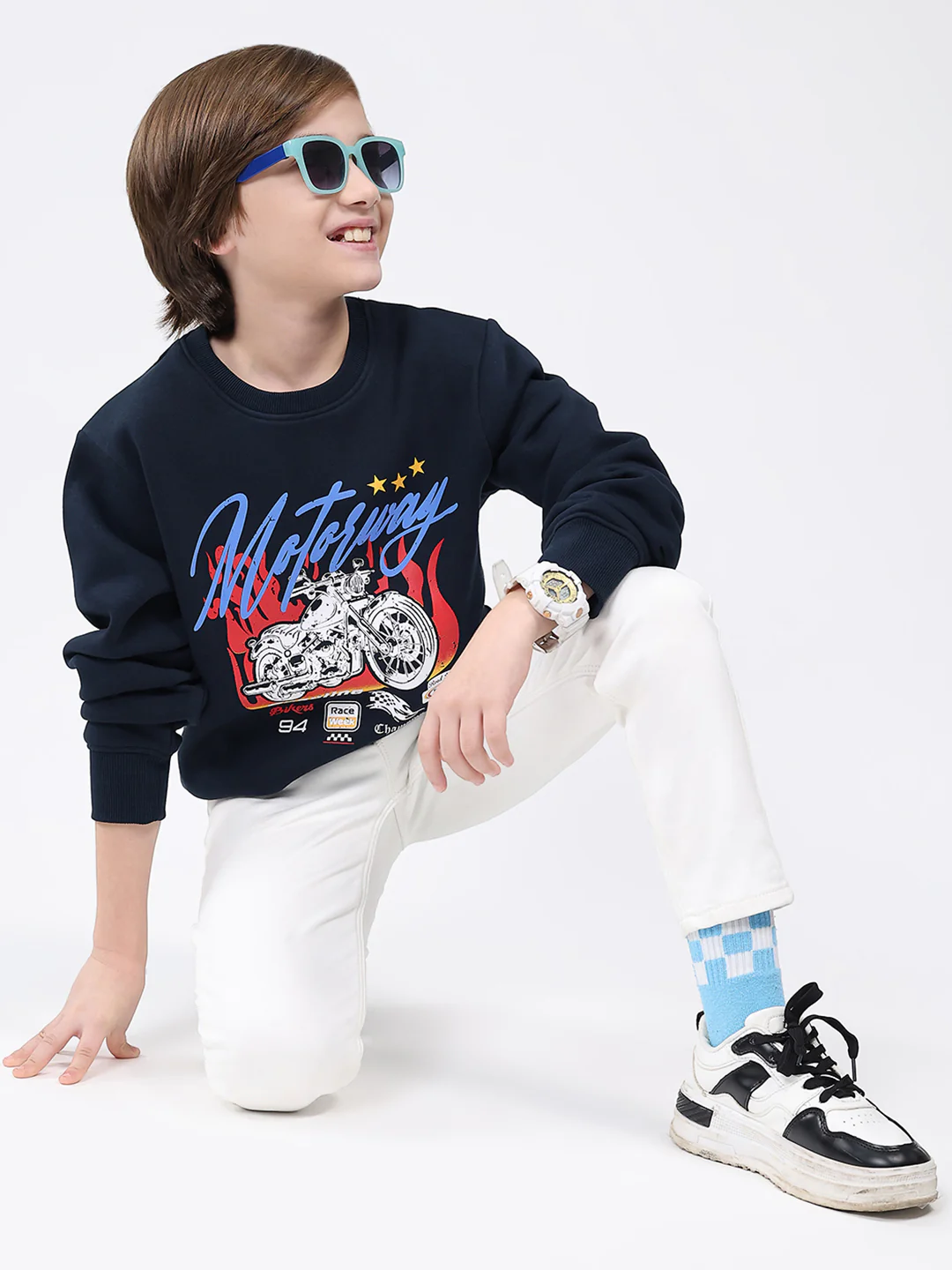 Boys Navy Blue Printed Round Neck Full Sleeve Sweatshirt - Image 2
