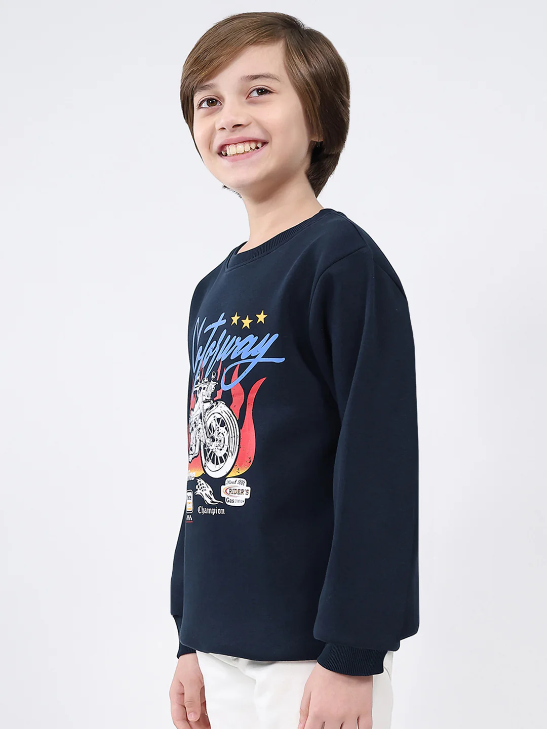 Boys Navy Blue Printed Round Neck Full Sleeve Sweatshirt - Image 3