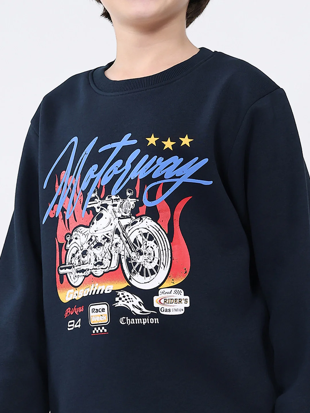 Boys Navy Blue Printed Round Neck Full Sleeve Sweatshirt - Image 6