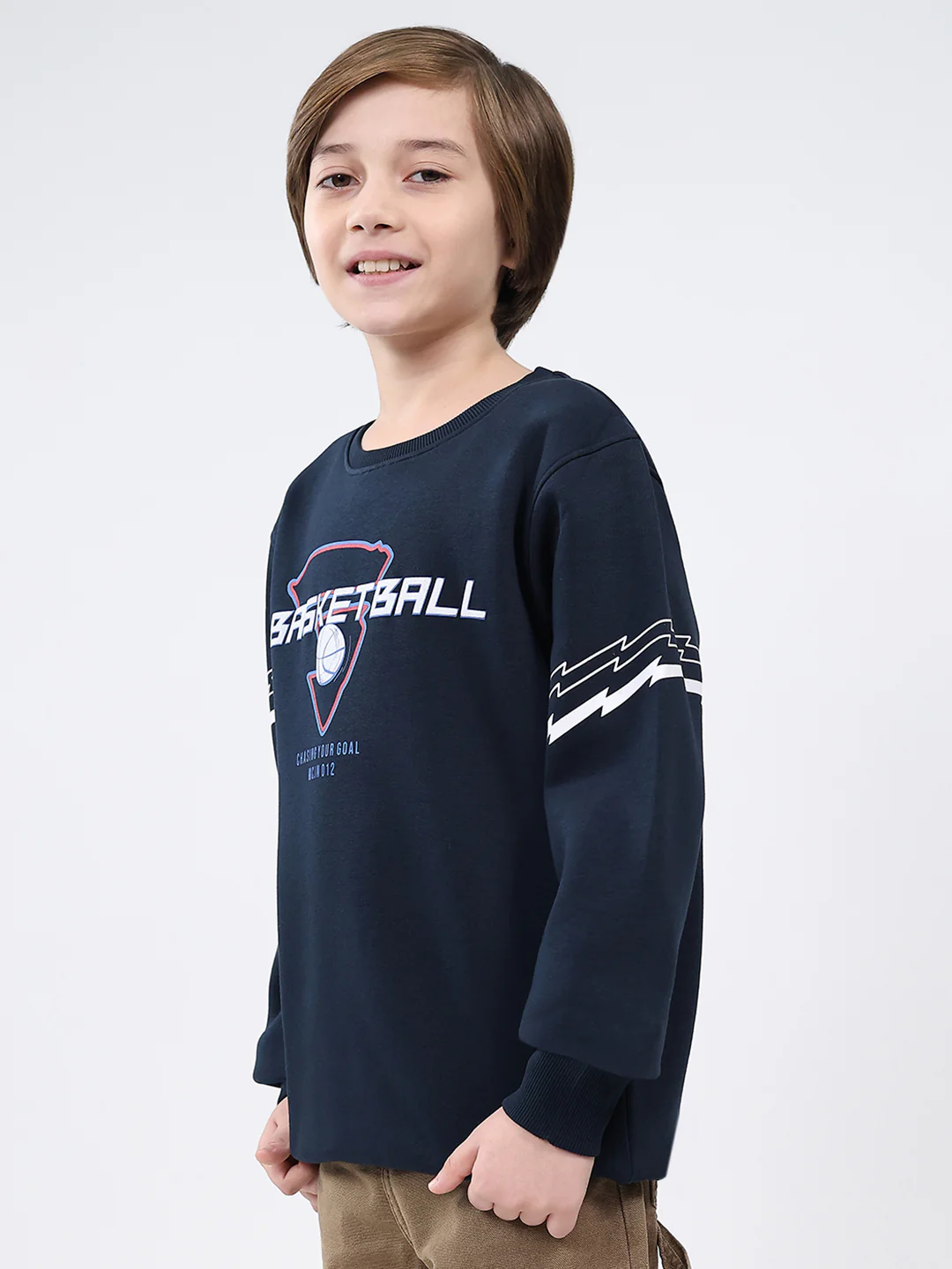 Boys Navy Blue Printed Round Neck Full Sleeve Sweatshirt - Image 3