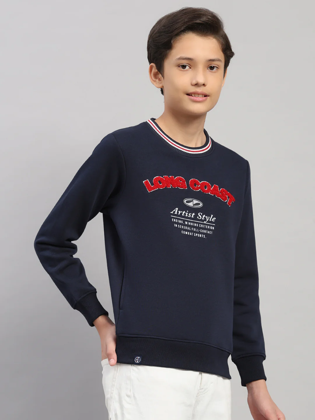Boys Navy Blue Printed Round Neck Full Sleeve Sweatshirt - Image 4