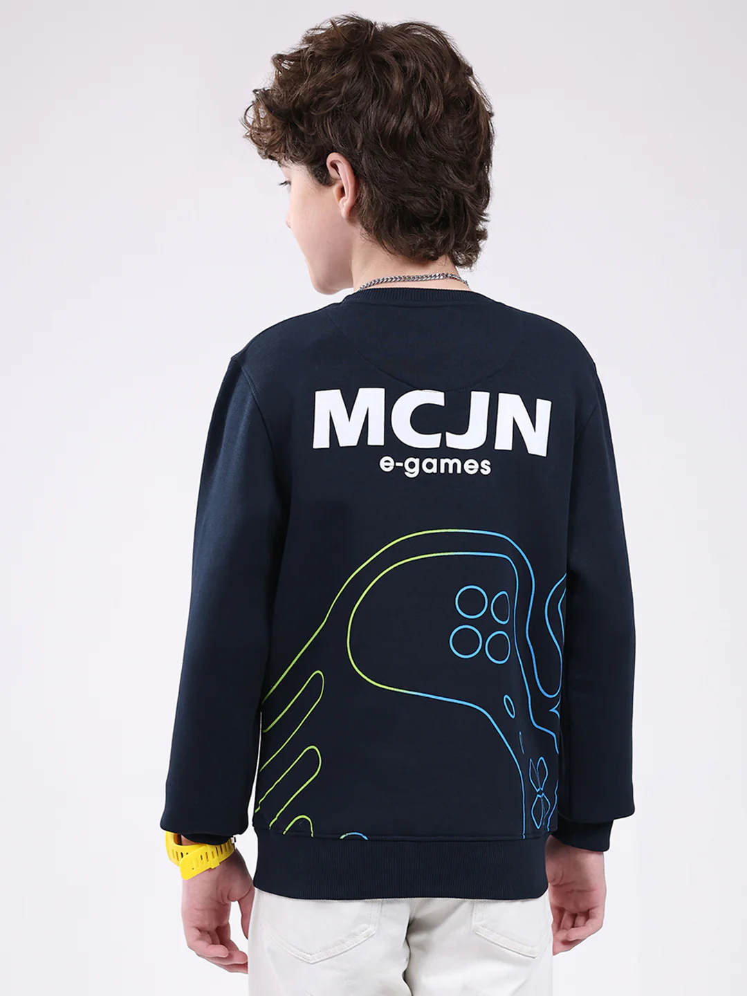 Boys Navy Blue Printed Round Neck Full Sleeve Sweatshirt - Image 5