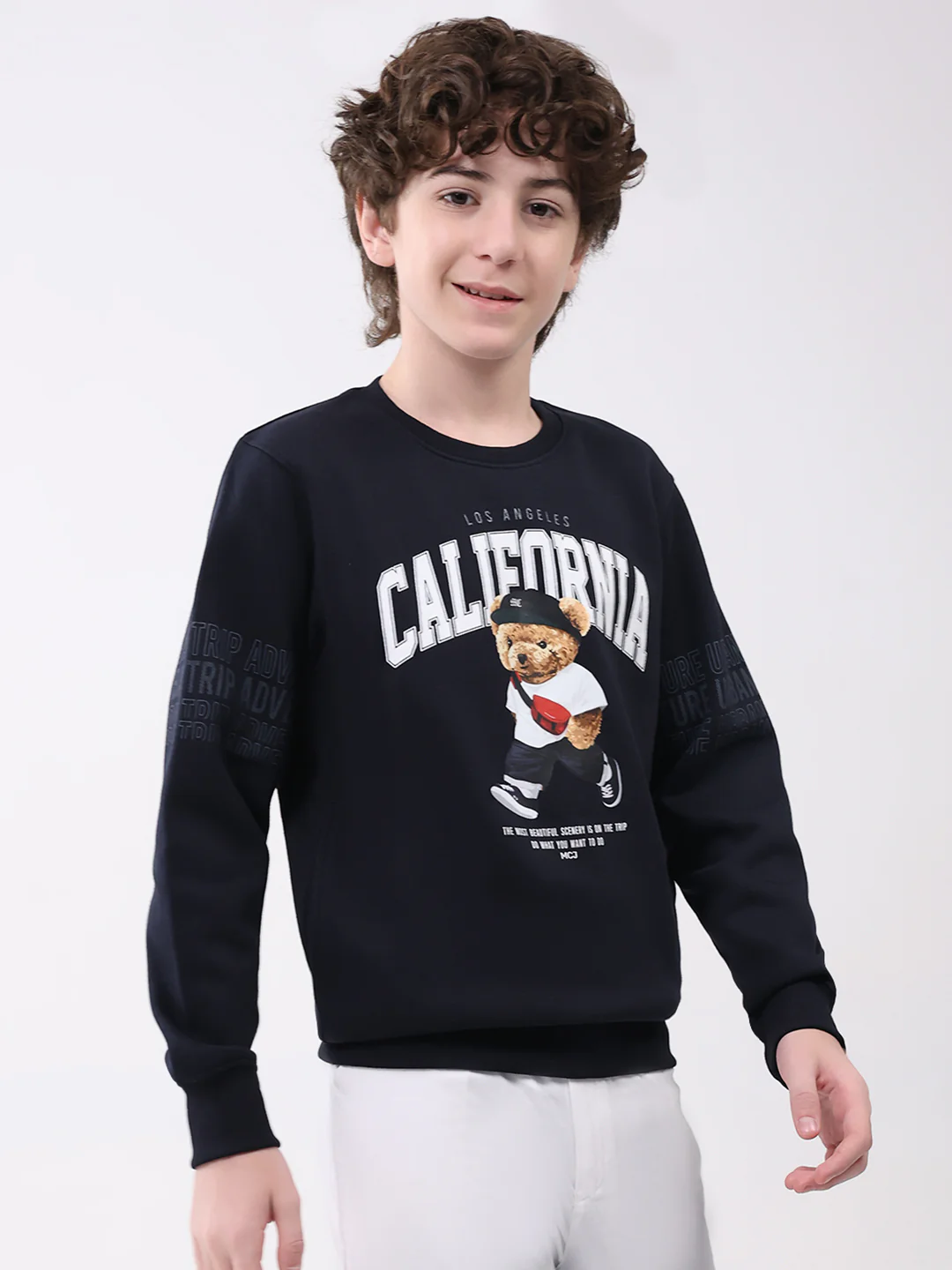 Boys Navy Blue Printed Round Neck Full Sleeve Sweatshirt - Image 4