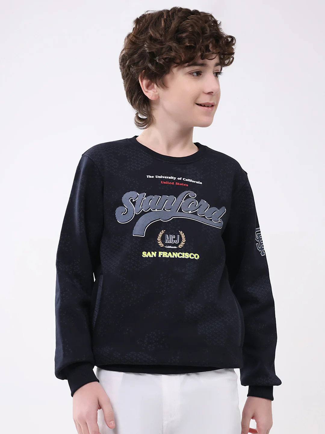 Boys Navy Blue Printed Round Neck Full Sleeve Sweatshirt