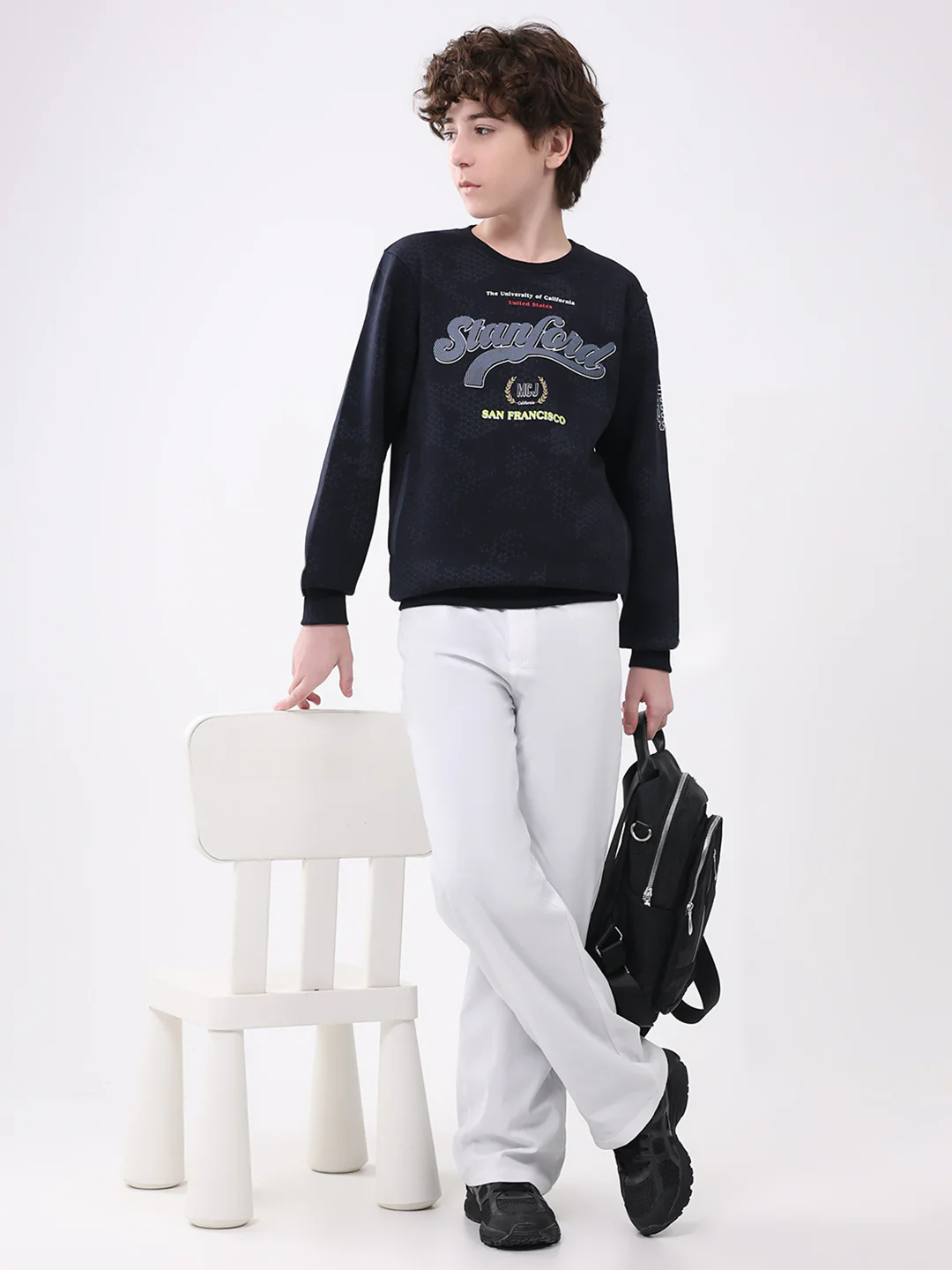 Boys Navy Blue Printed Round Neck Full Sleeve Sweatshirt - Image 2
