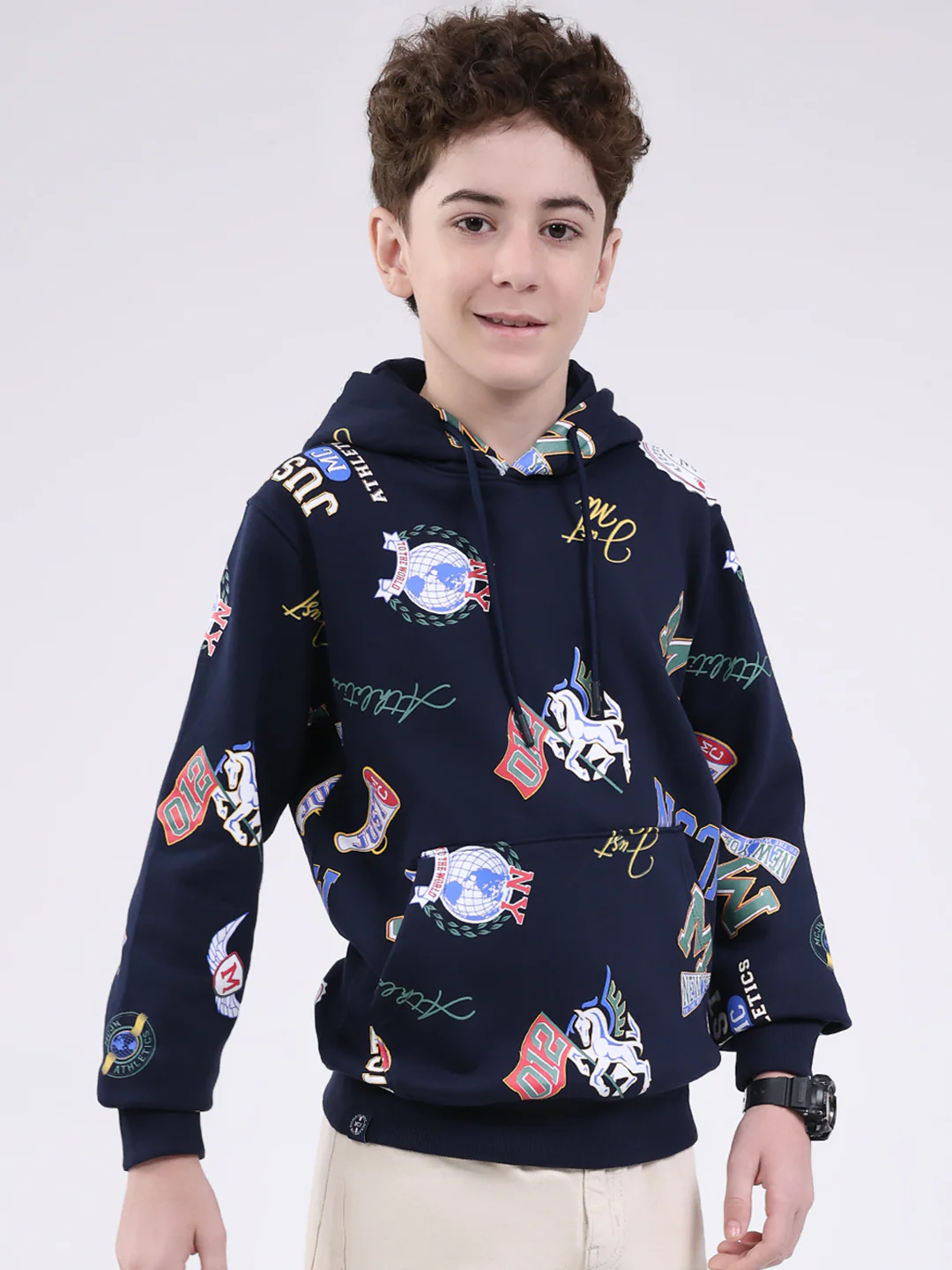 Boys Navy Blue Printed Round Neck Full Sleeve Sweatshirt - Image 4