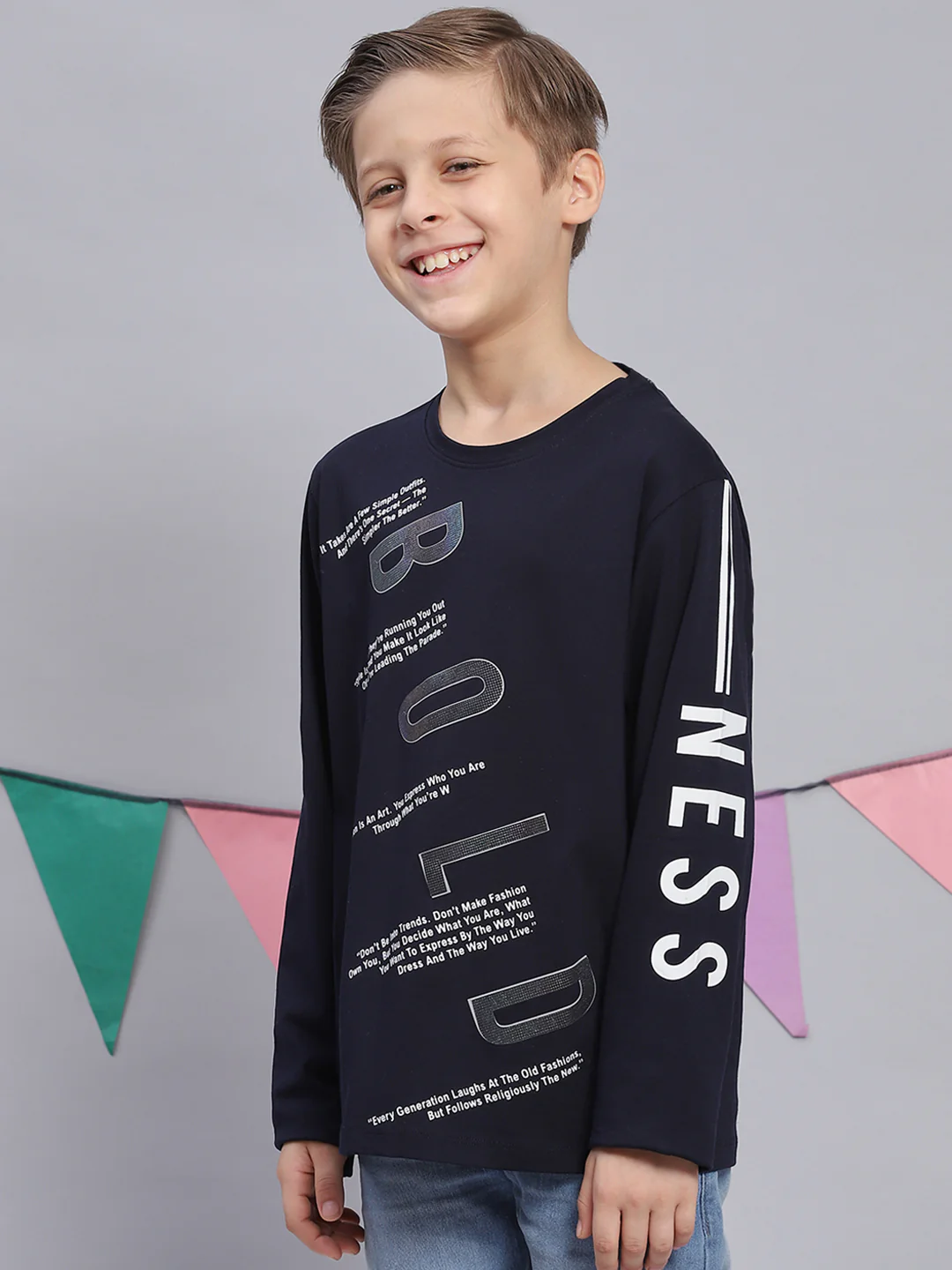 Boys Navy Blue Printed Round Neck Full Sleeve T-Shirts - Image 3