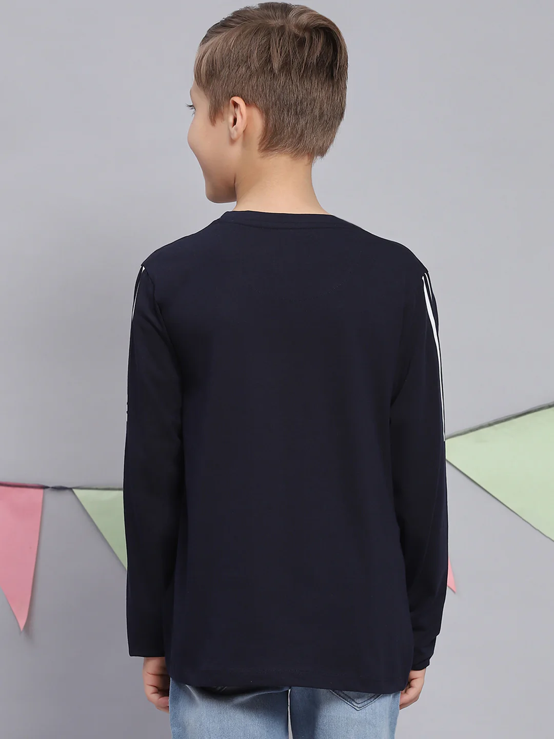 Boys Navy Blue Printed Round Neck Full Sleeve T-Shirts - Image 5