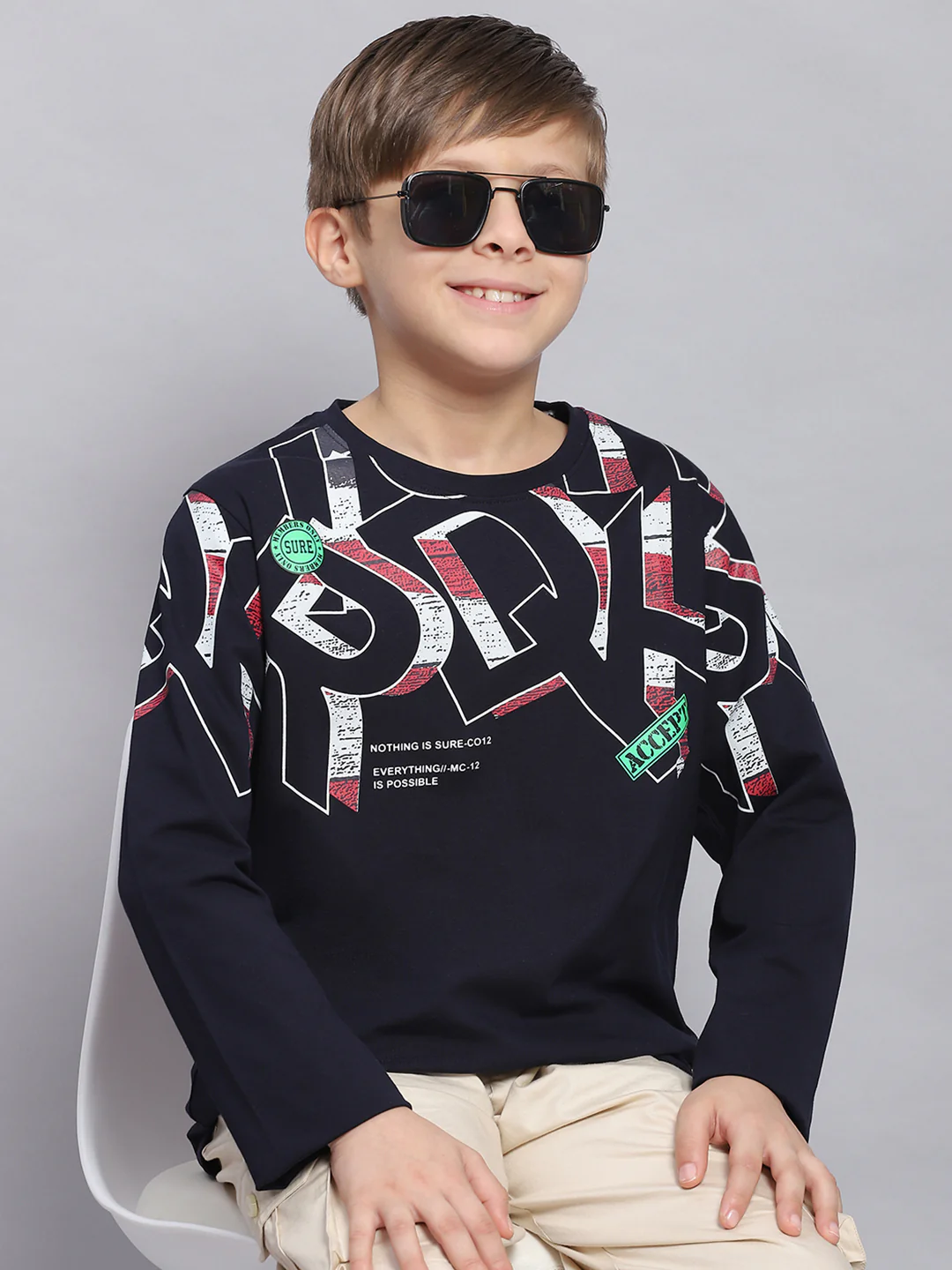 Boys Navy Blue Printed Round Neck Full Sleeve T-Shirts - Image 2