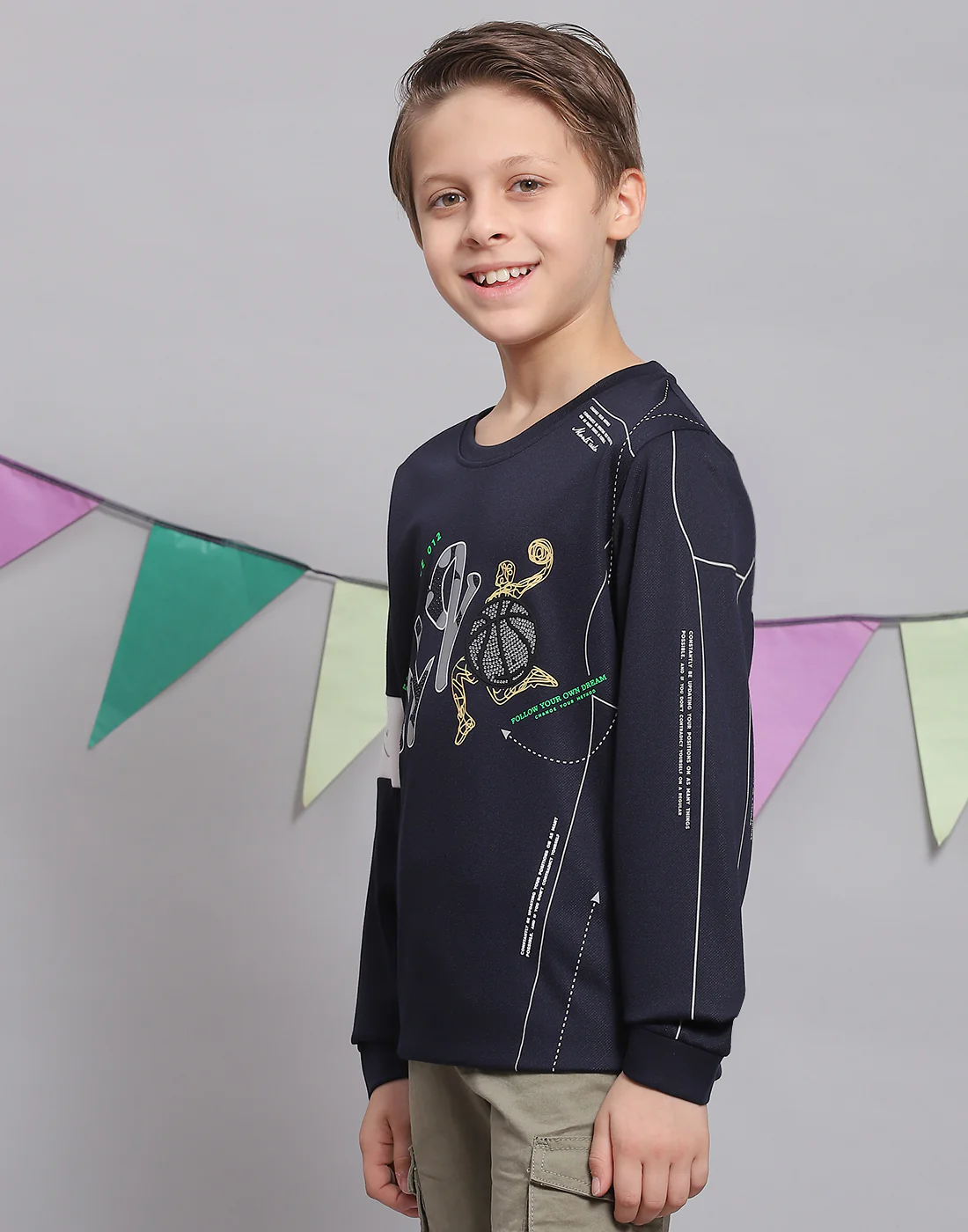 Boys Navy Blue Printed Round Neck Full Sleeve T-Shirts - Image 3