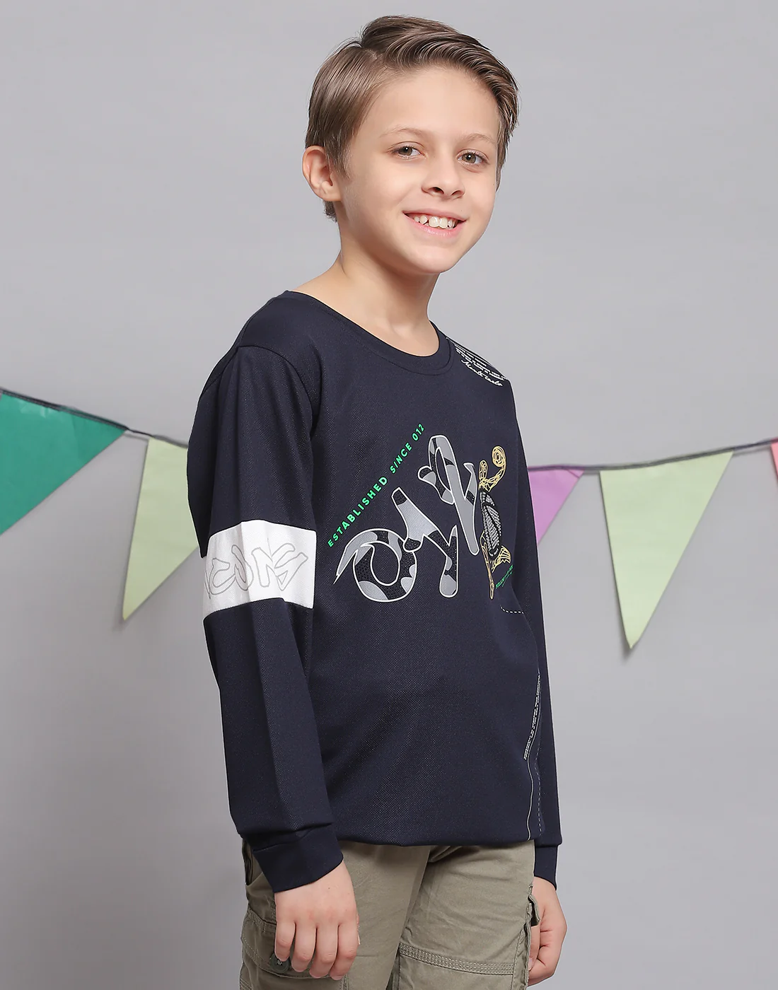 Boys Navy Blue Printed Round Neck Full Sleeve T-Shirts - Image 4