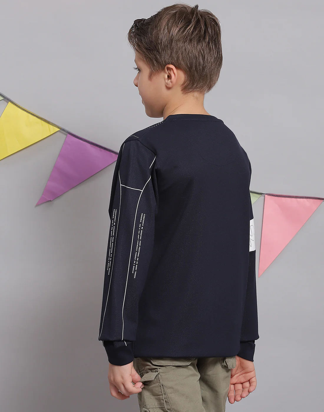 Boys Navy Blue Printed Round Neck Full Sleeve T-Shirts - Image 5