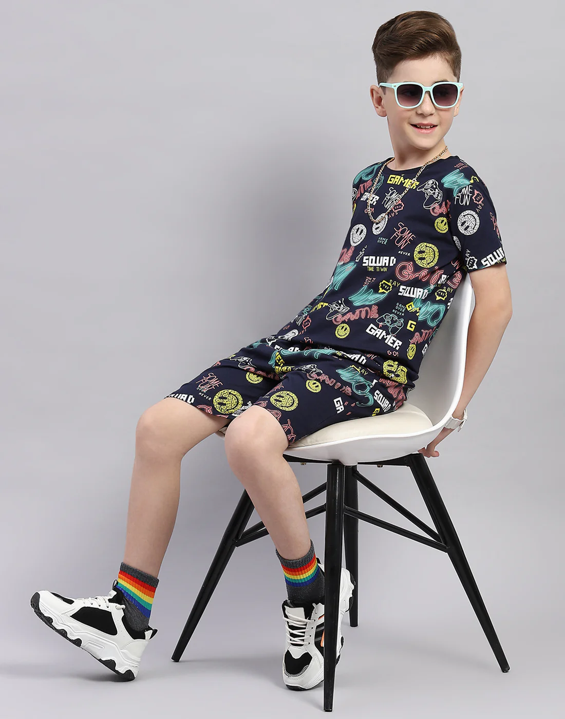Boys Navy Blue Printed Round Neck Half Sleeve Bermuda Set - Image 2