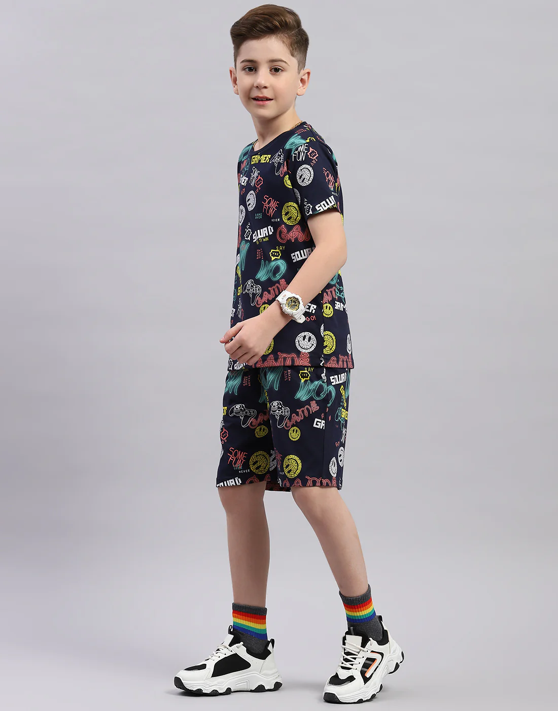 Boys Navy Blue Printed Round Neck Half Sleeve Bermuda Set - Image 3