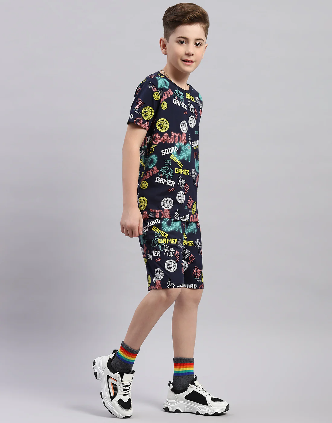 Boys Navy Blue Printed Round Neck Half Sleeve Bermuda Set - Image 4