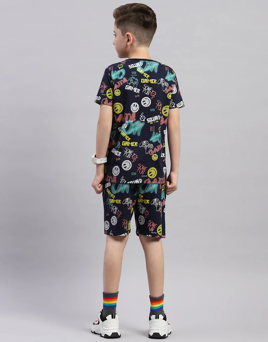 Boys Navy Blue Printed Round Neck Half Sleeve Bermuda Set - Image 5
