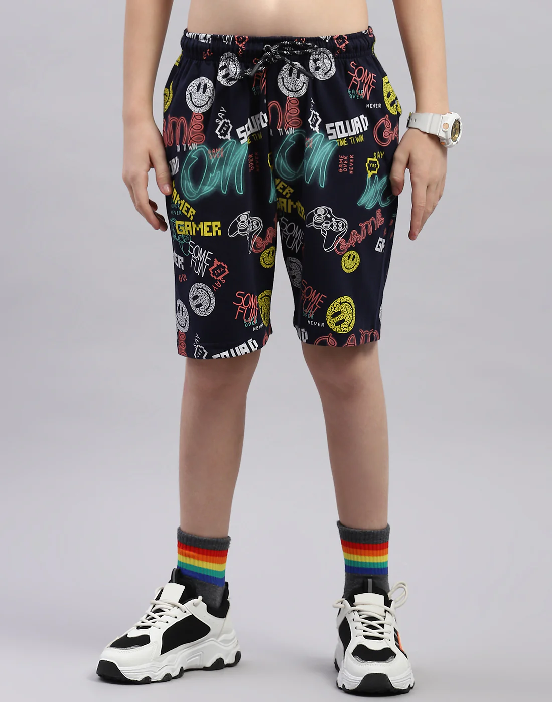 Boys Navy Blue Printed Round Neck Half Sleeve Bermuda Set - Image 7