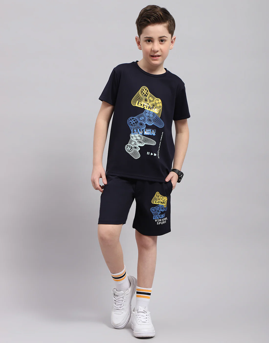 Boys Navy Blue Printed Round Neck Half Sleeve Bermuda Set - Image 2
