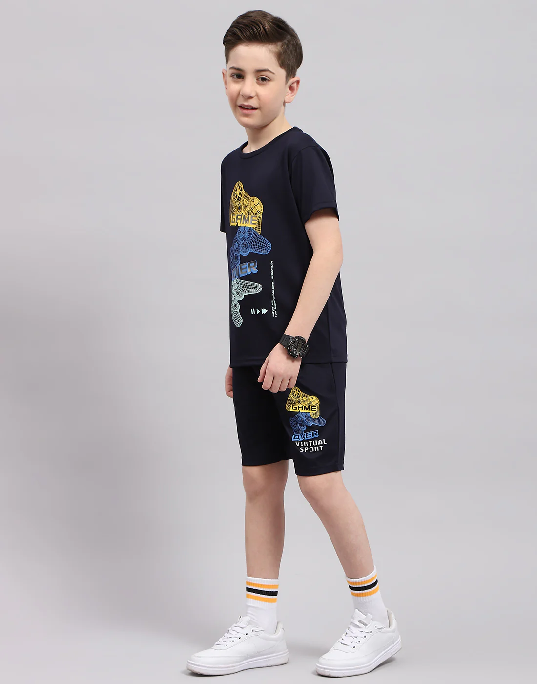Boys Navy Blue Printed Round Neck Half Sleeve Bermuda Set - Image 3