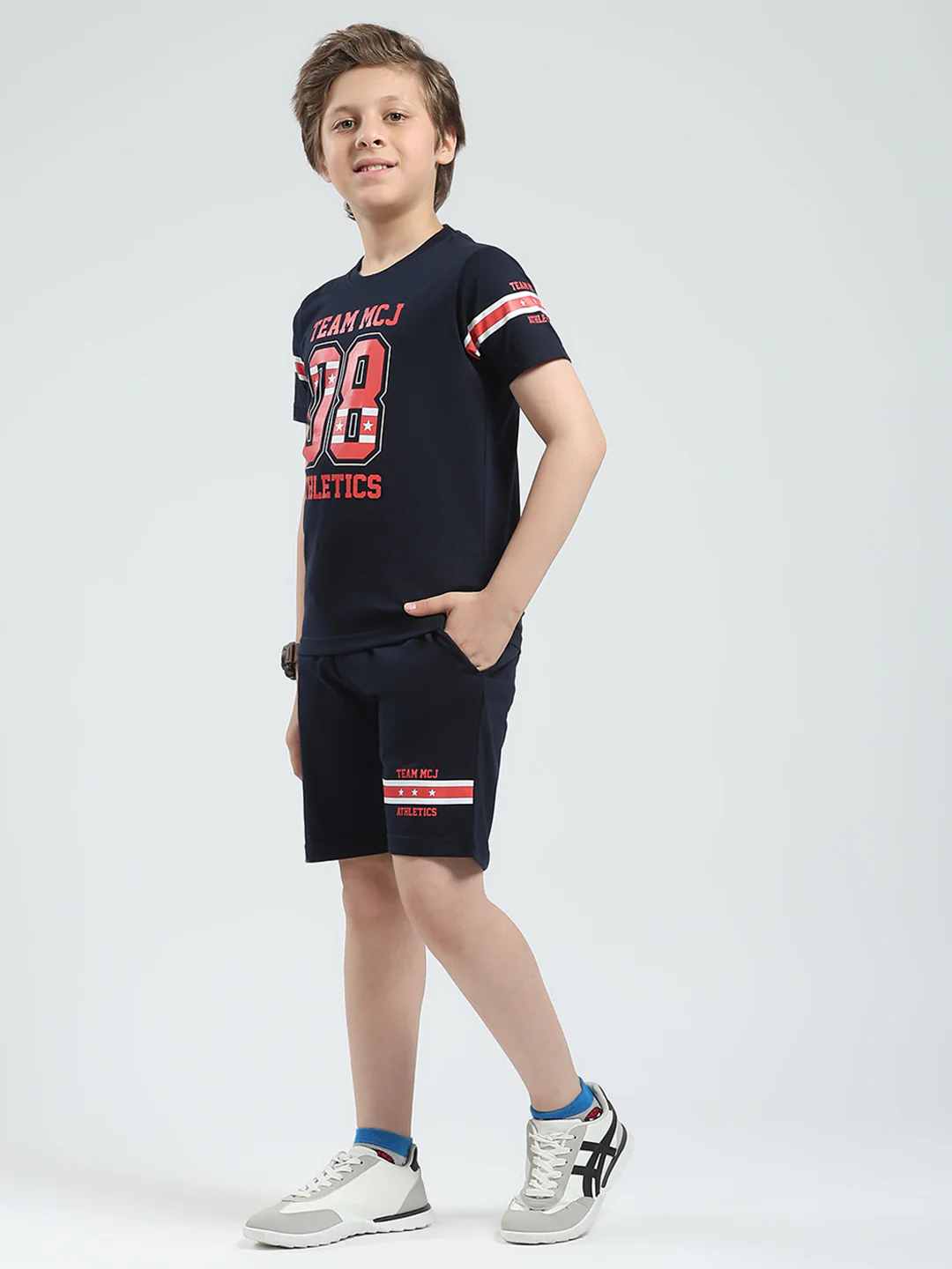 Boys Navy Blue Printed Round Neck Half Sleeve Bermuda Set - Image 3