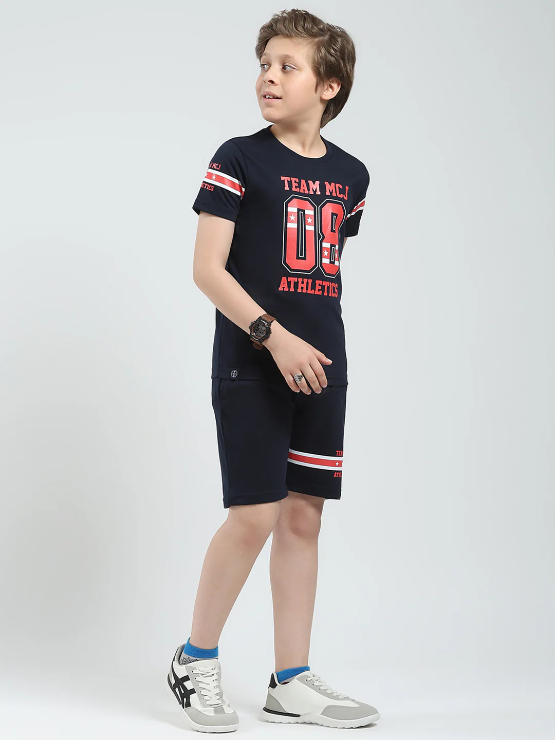 Boys Navy Blue Printed Round Neck Half Sleeve Bermuda Set - Image 4