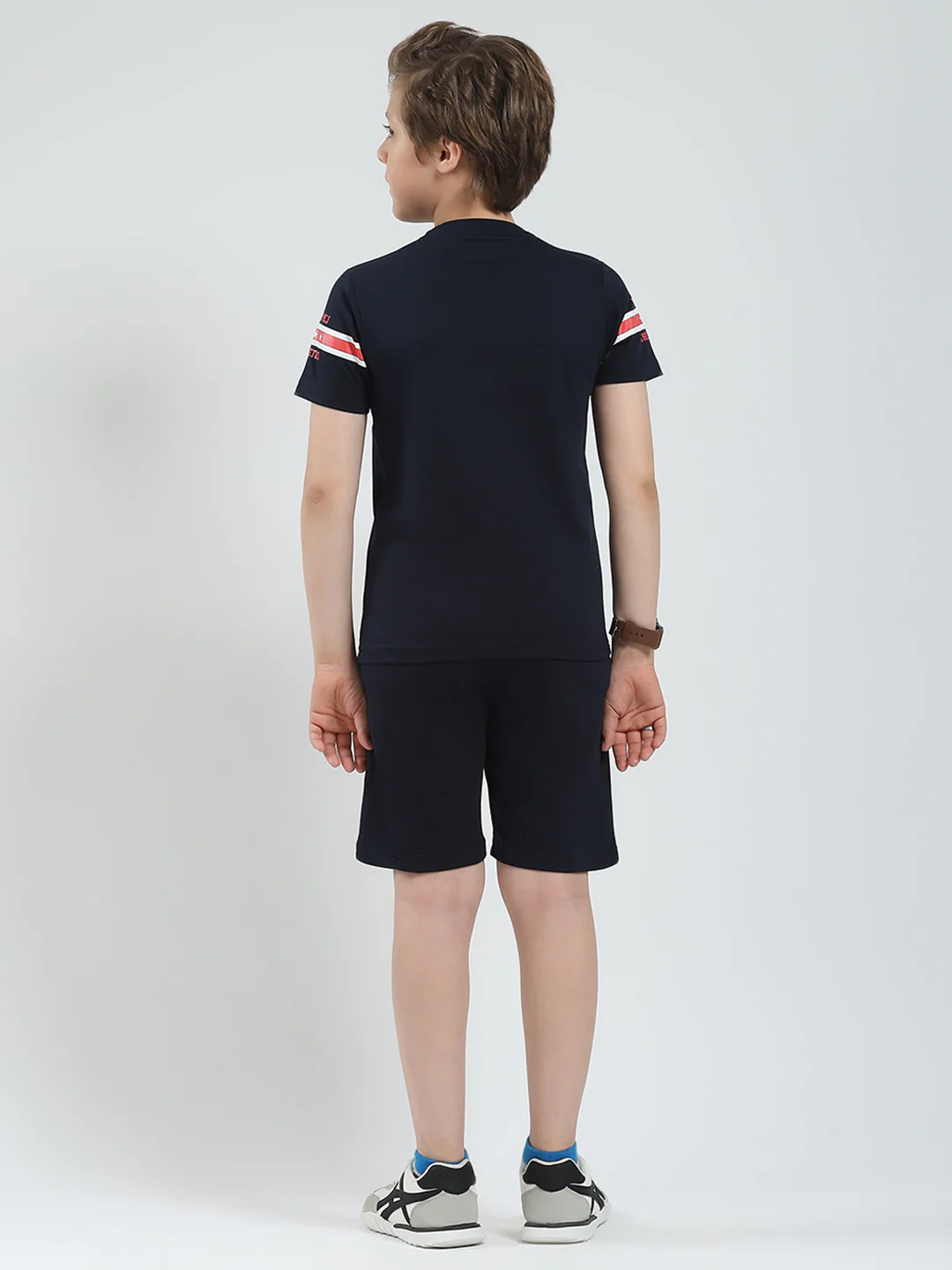 Boys Navy Blue Printed Round Neck Half Sleeve Bermuda Set - Image 5