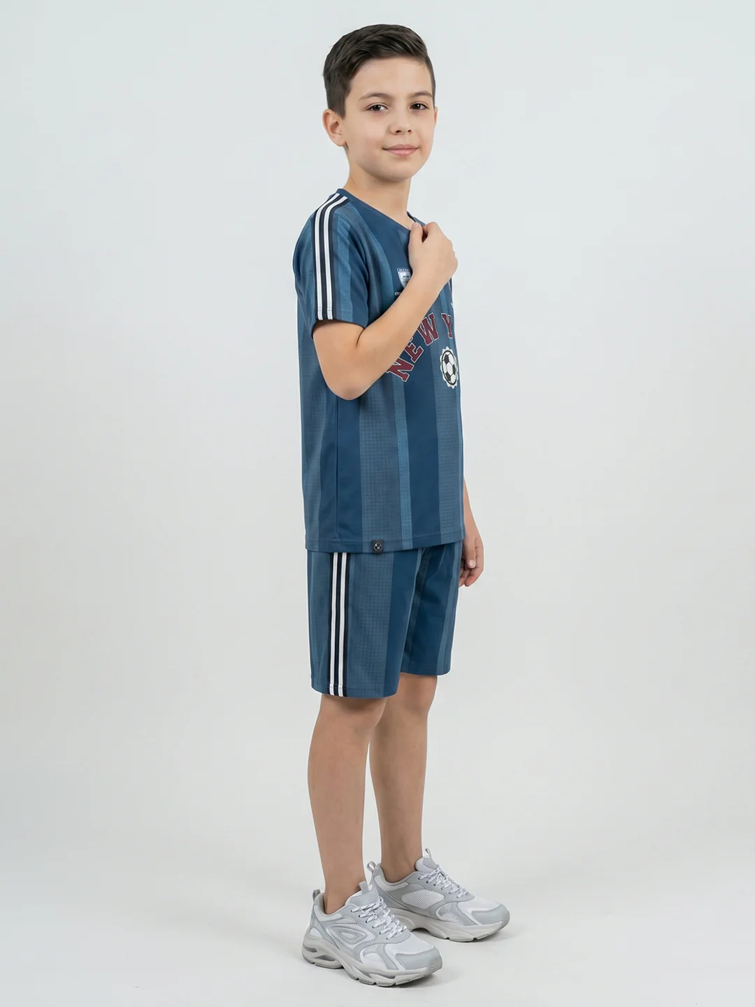 Boys Navy Blue Printed Round Neck Half Sleeve Cords Set - Image 2