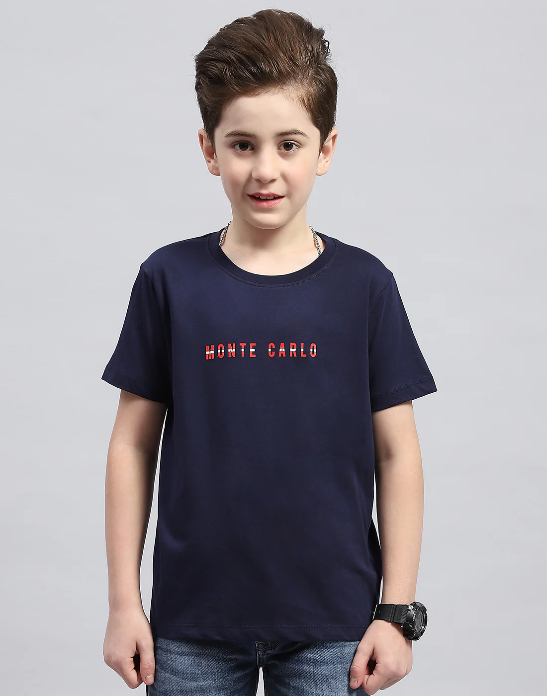 Boys Navy Blue Printed Round Neck Half Sleeve T-Shirt - Image 2