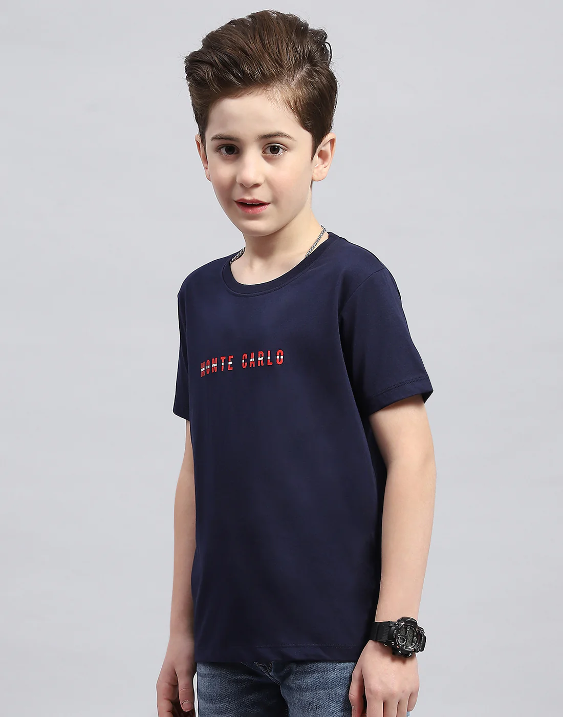 Boys Navy Blue Printed Round Neck Half Sleeve T-Shirt - Image 3