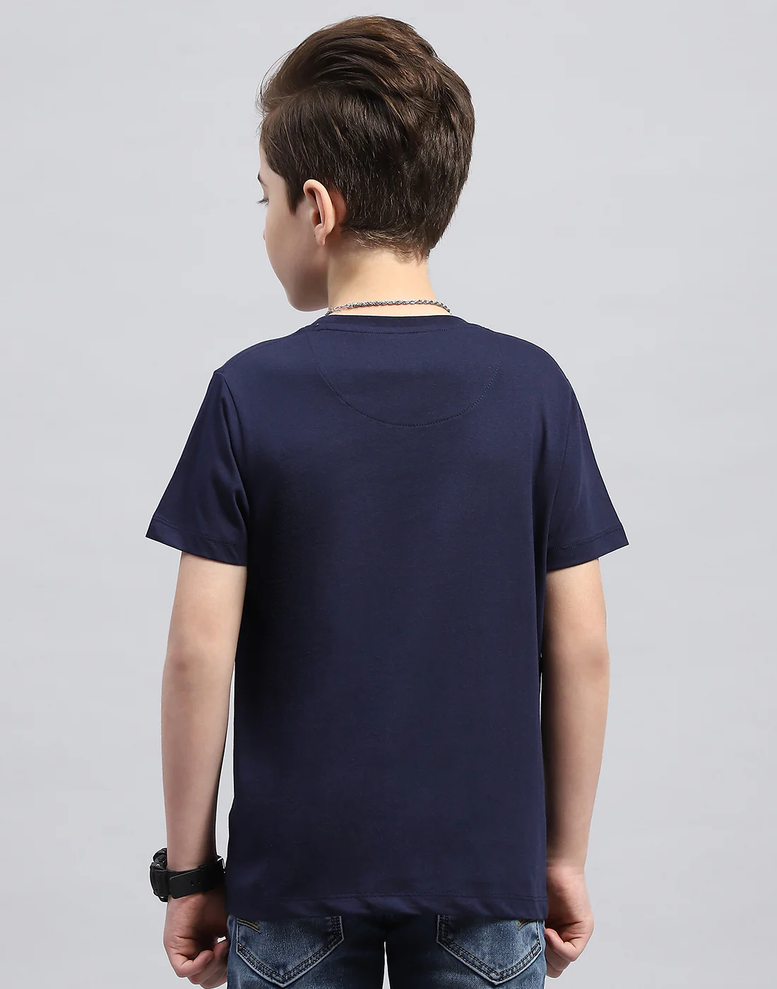 Boys Navy Blue Printed Round Neck Half Sleeve T-Shirt - Image 5
