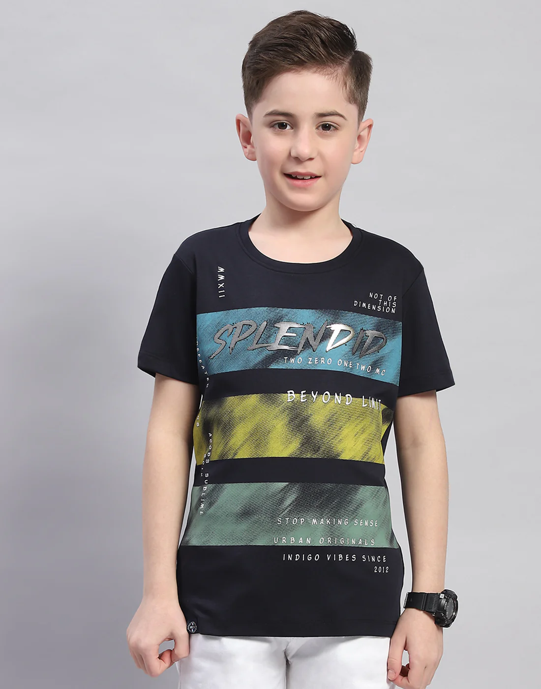 Boys Navy Blue Printed Round Neck Half Sleeve T-Shirt - Image 2