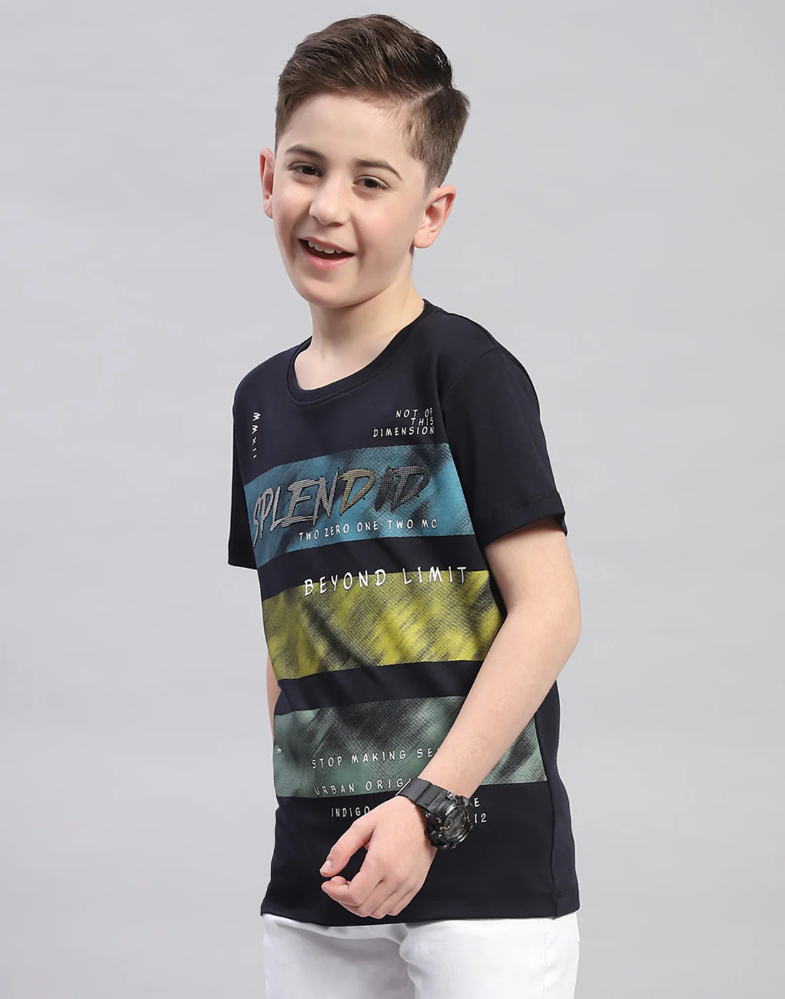 Boys Navy Blue Printed Round Neck Half Sleeve T-Shirt - Image 3