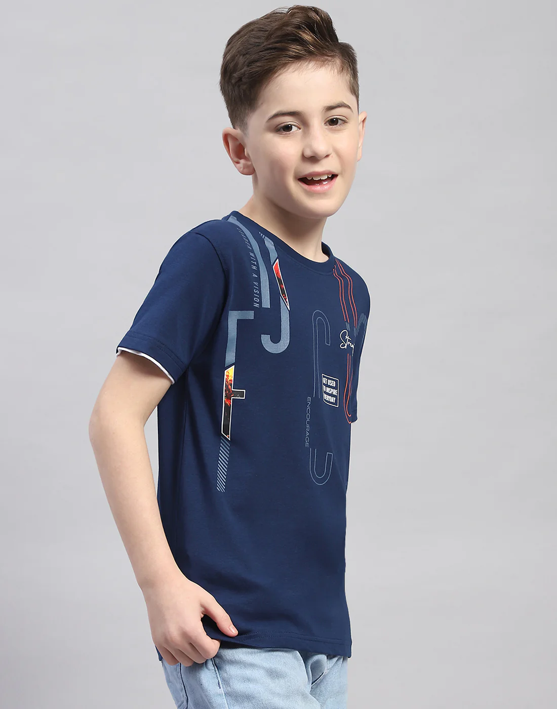 Boys Navy Blue Printed Round Neck Half Sleeve T-Shirt - Image 4