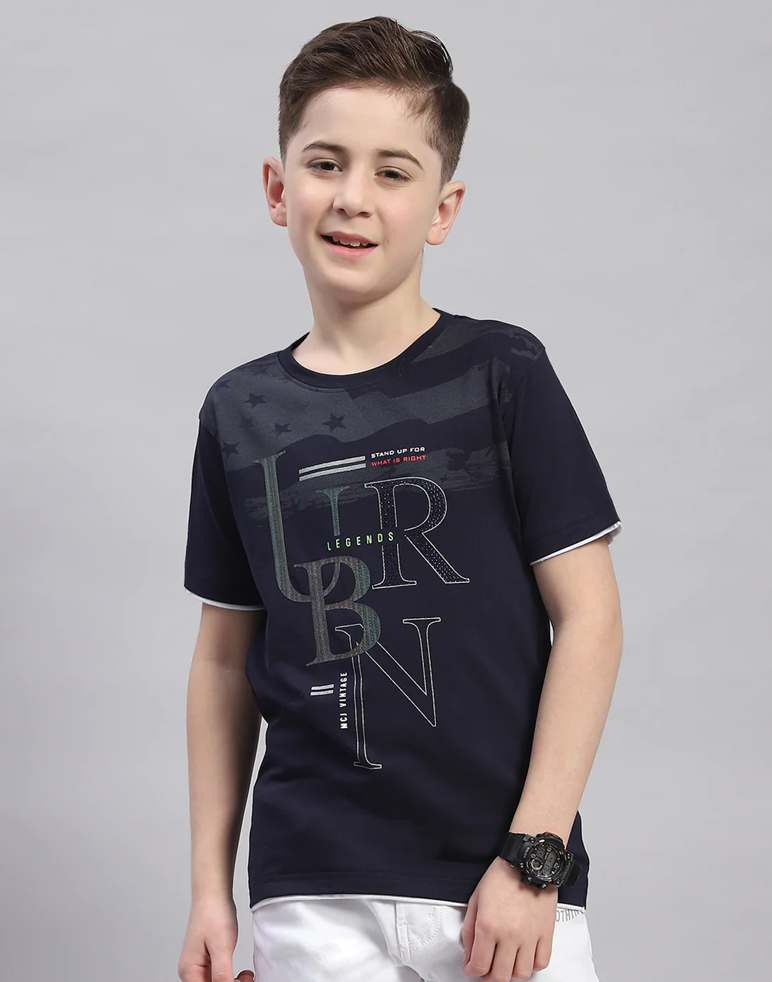 Boys Navy Blue Printed Round Neck Half Sleeve T-Shirt - Image 2