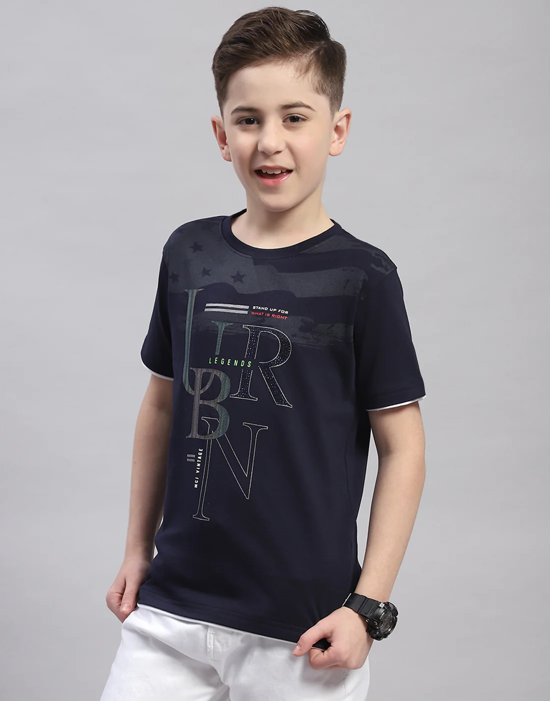 Boys Navy Blue Printed Round Neck Half Sleeve T-Shirt - Image 3