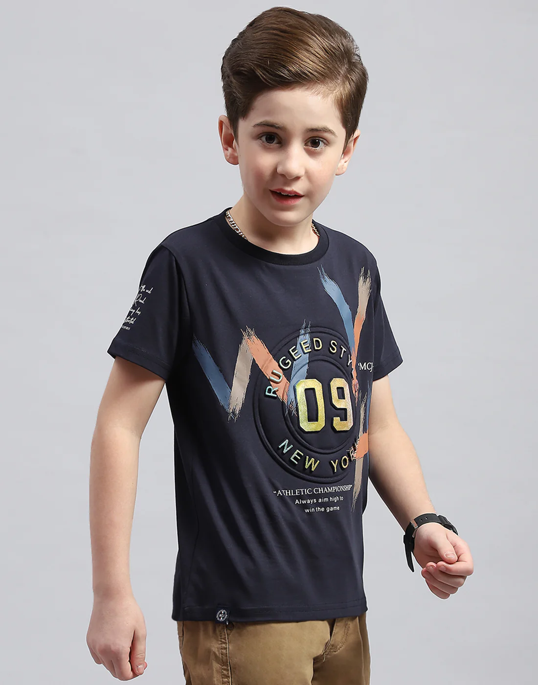 Boys Navy Blue Printed Round Neck Half Sleeve T-Shirt - Image 4