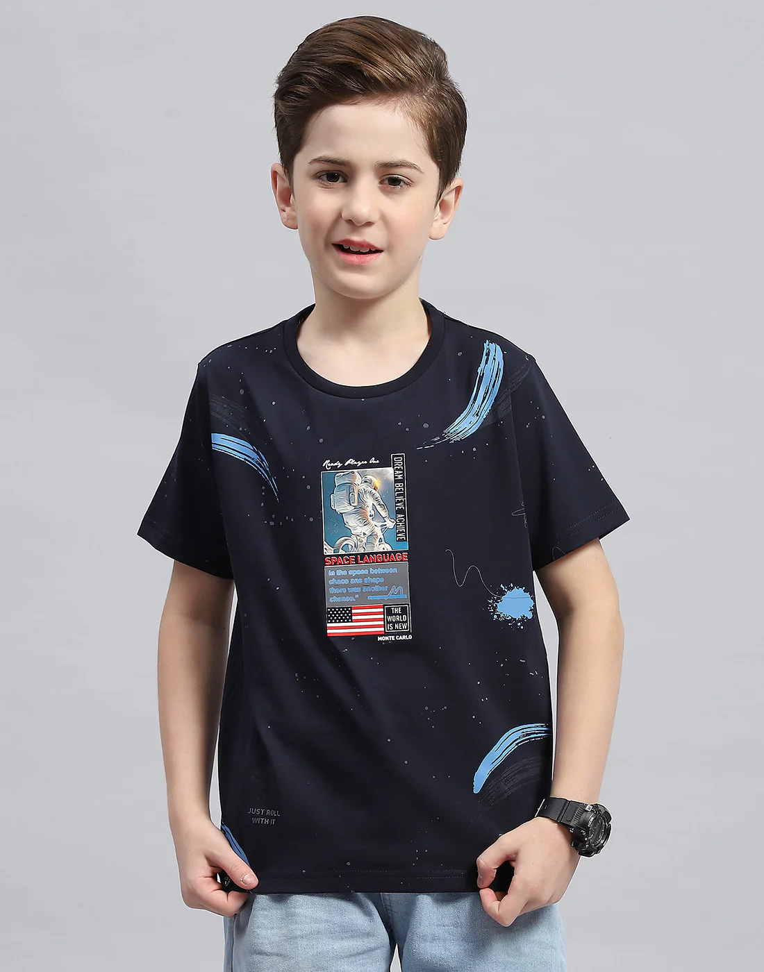 Boys Navy Blue Printed Round Neck Half Sleeve T-Shirt - Image 2