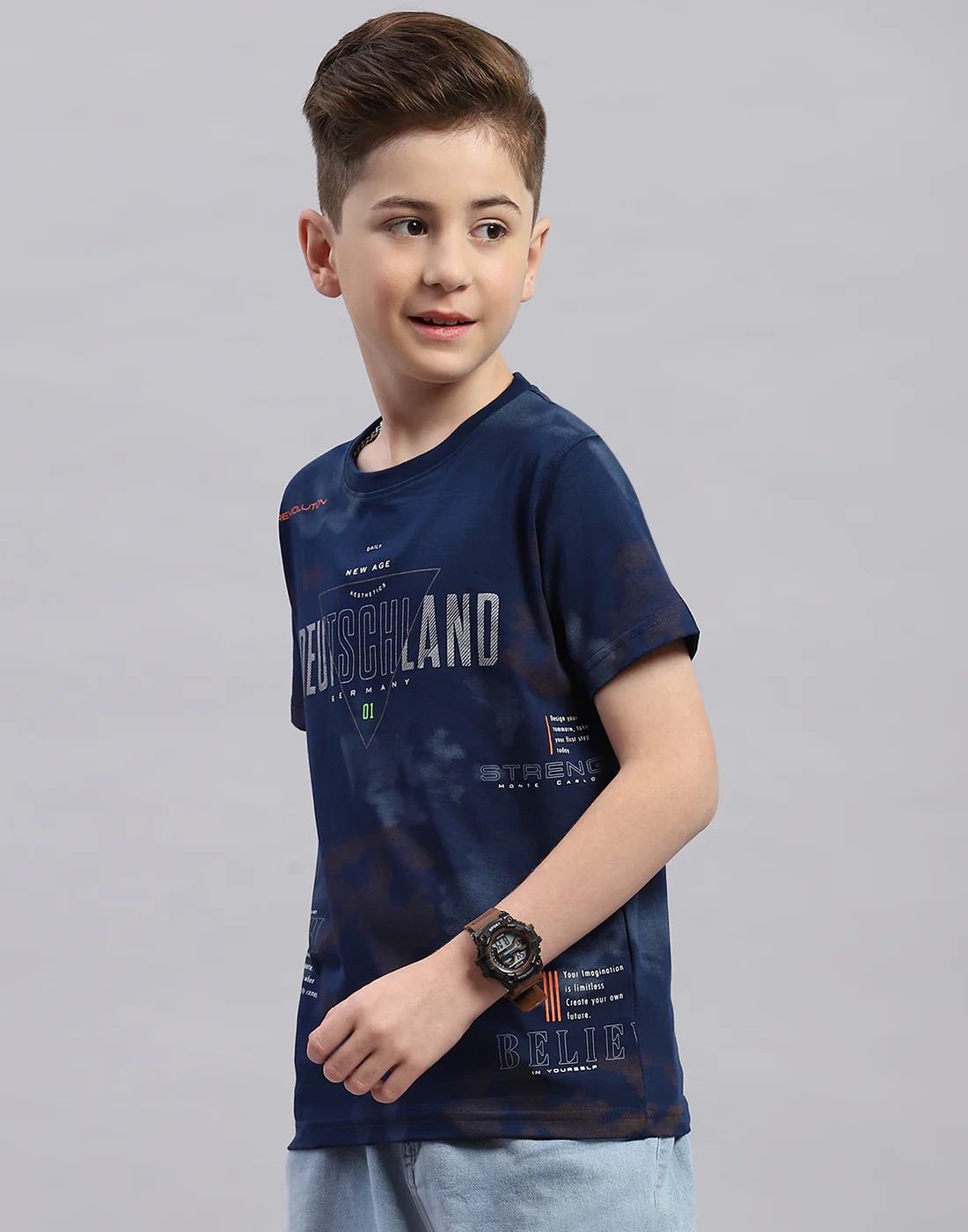 Boys Navy Blue Printed Round Neck Half Sleeve T-Shirt - Image 3