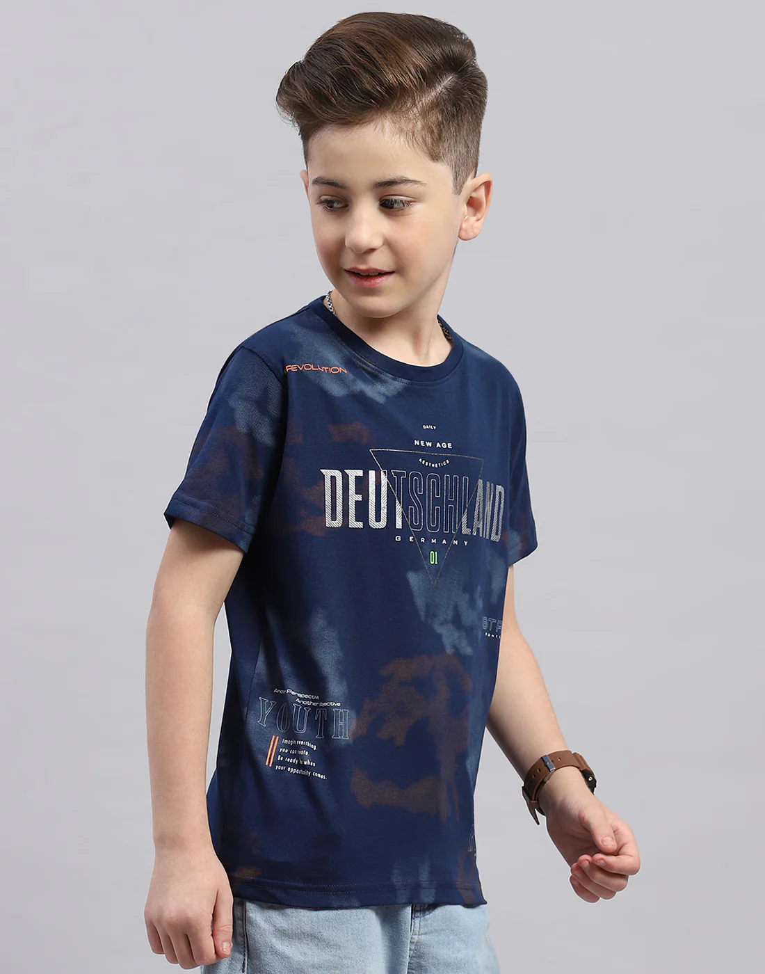 Boys Navy Blue Printed Round Neck Half Sleeve T-Shirt - Image 4