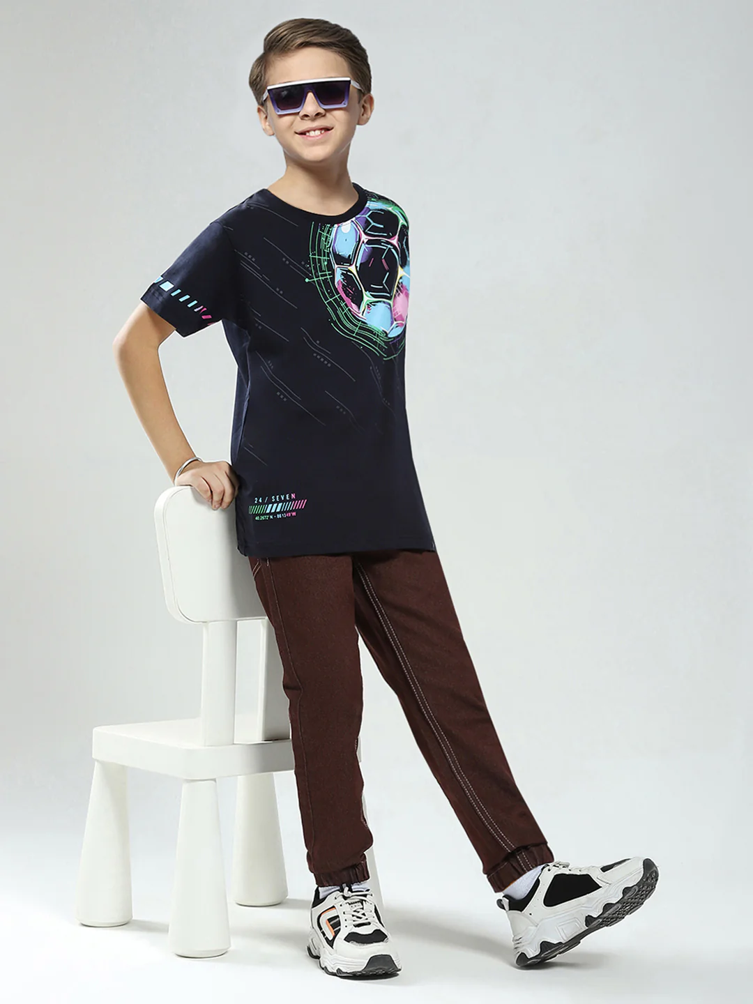 Boys Navy Blue Printed Round Neck Half Sleeve T-Shirt - Image 2