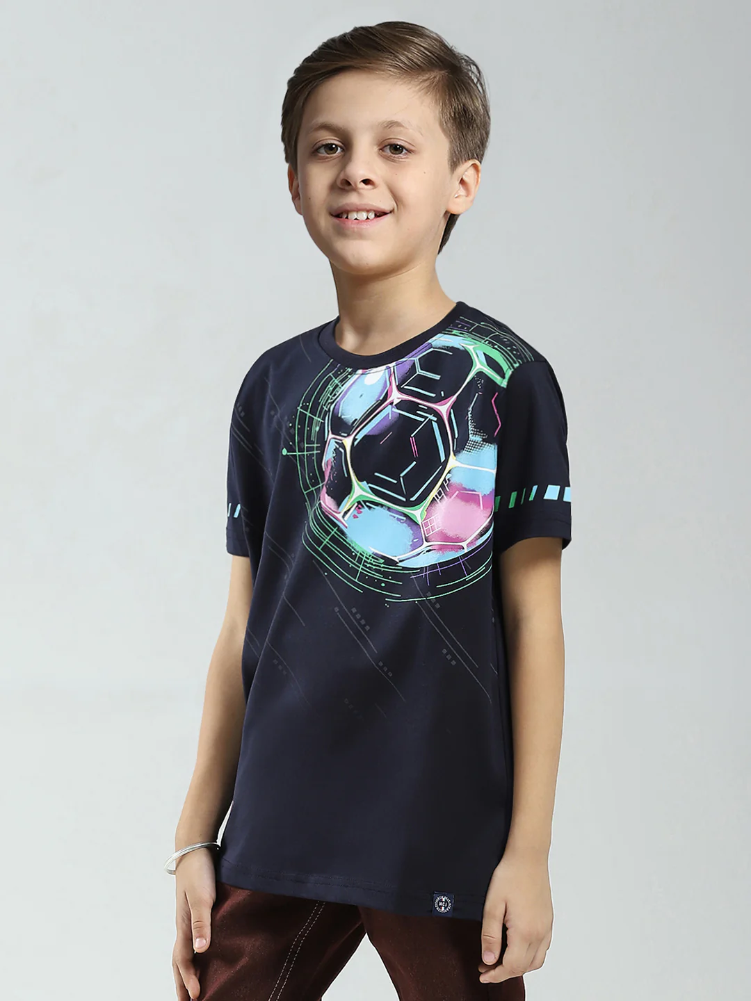 Boys Navy Blue Printed Round Neck Half Sleeve T-Shirt - Image 3