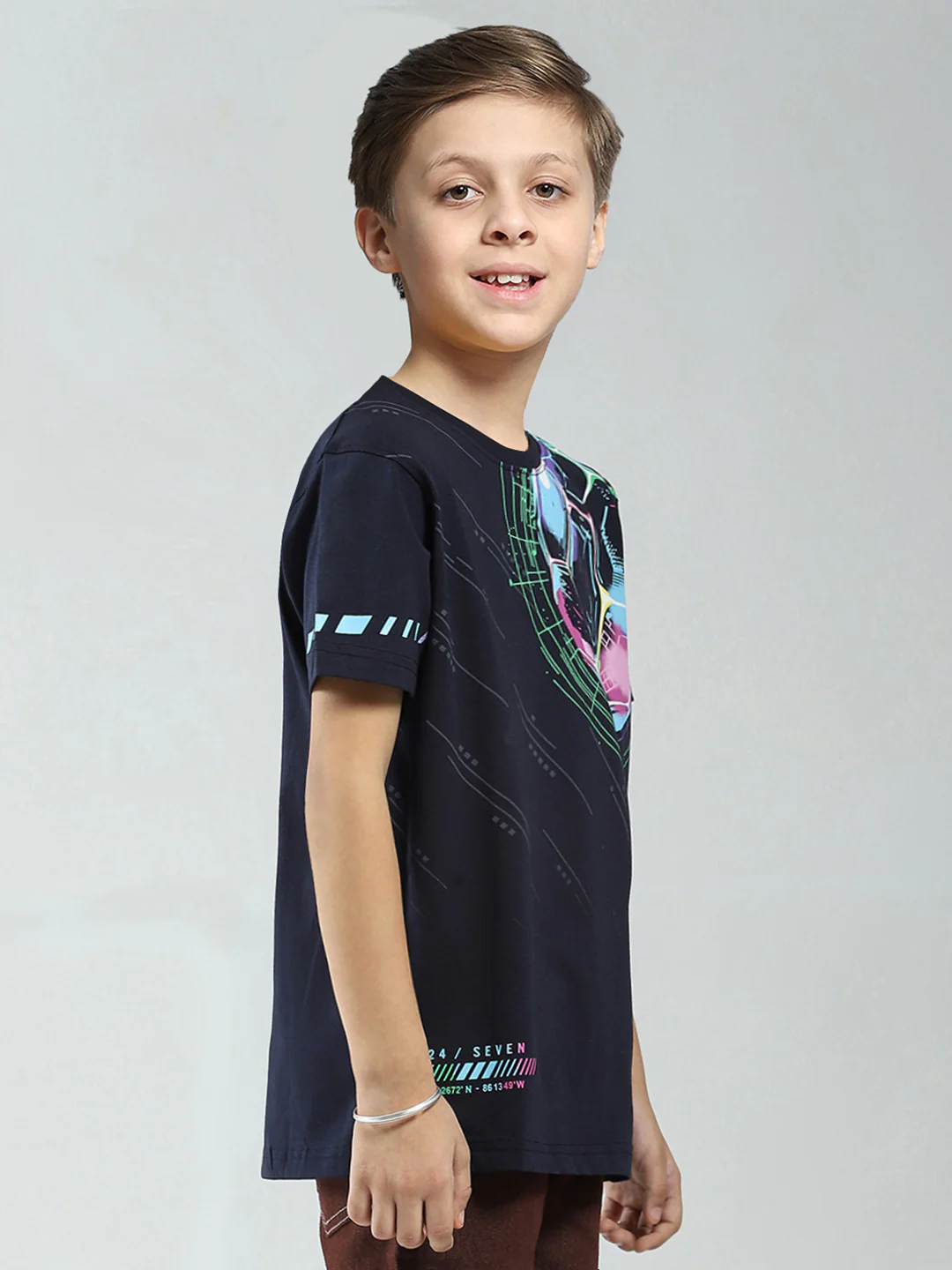 Boys Navy Blue Printed Round Neck Half Sleeve T-Shirt - Image 4