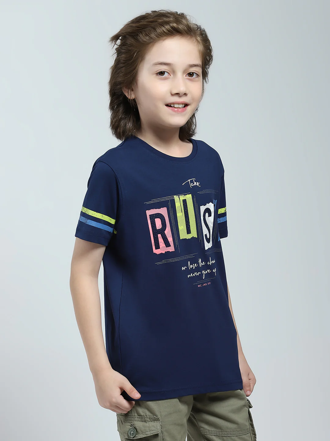 Boys Navy Blue Printed Round Neck Half Sleeve T-Shirt - Image 4