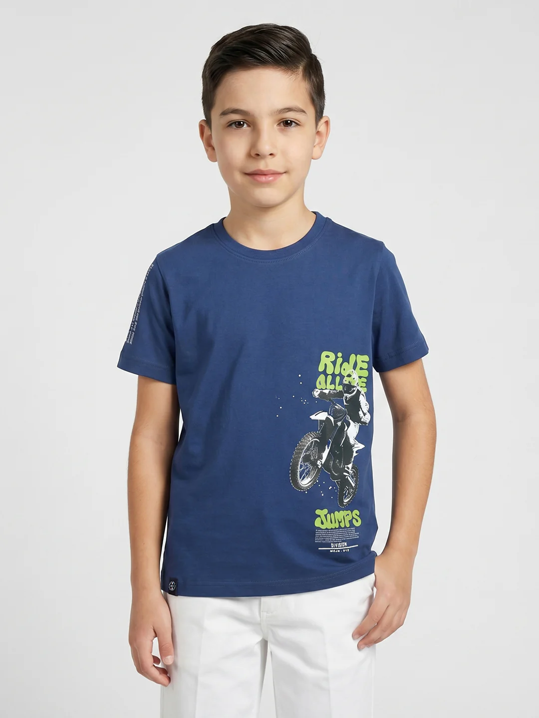 Boys Navy Blue Printed Round Neck Half Sleeve T-Shirt