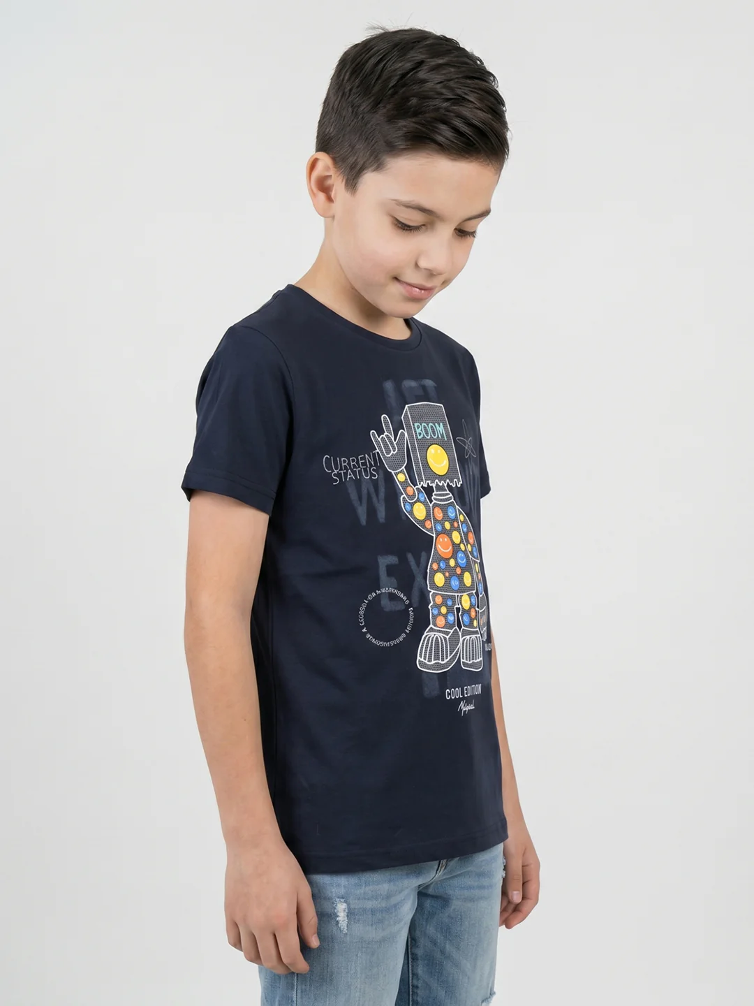 Boys Navy Blue Printed Round Neck Half Sleeve T-Shirt - Image 2
